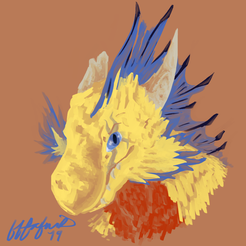Wathara, a weathered and scarred yellow dragon, made for Art Fight 2019.