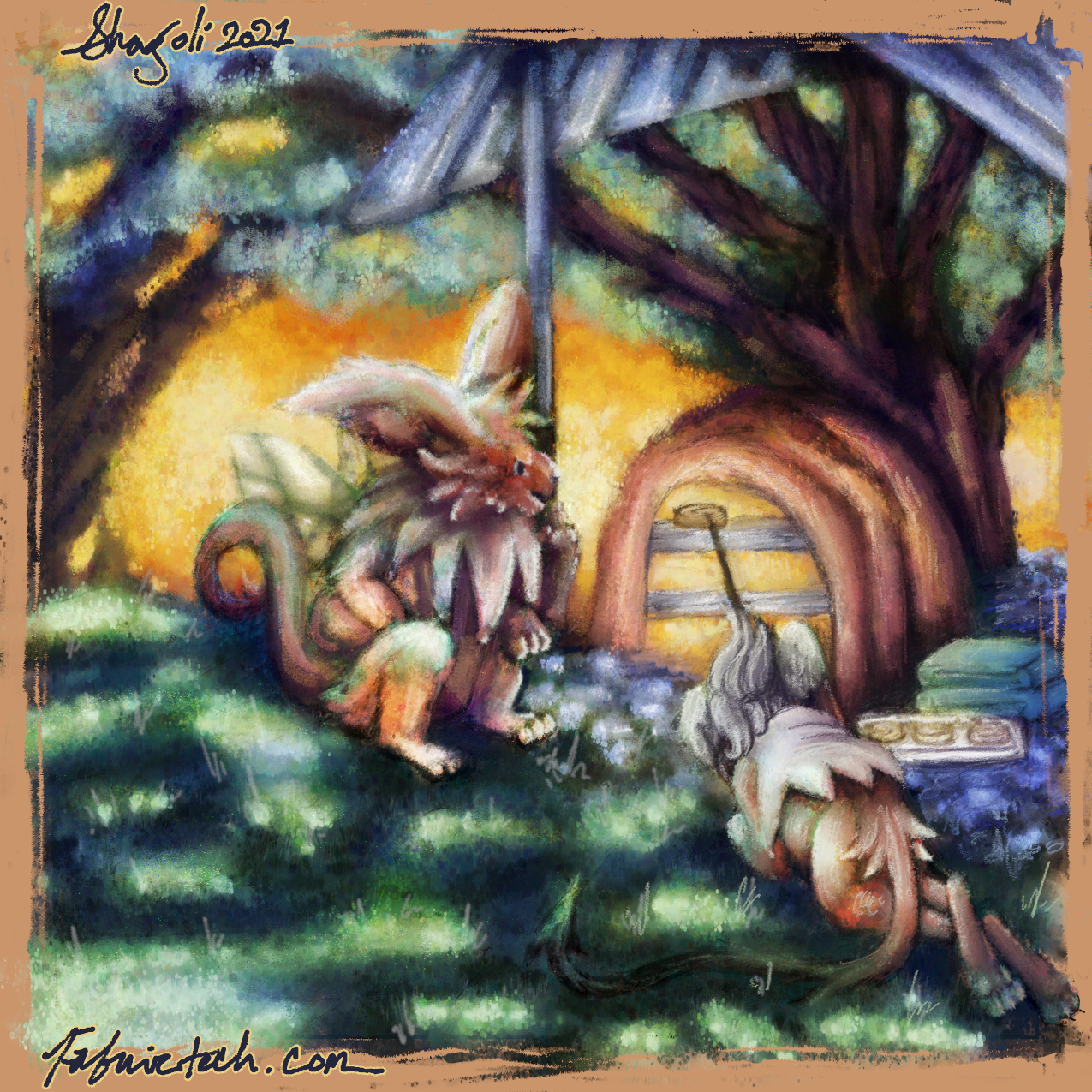 Digital painting of two fantastical anthropomorphic rabbits baking cinnamon rolls.