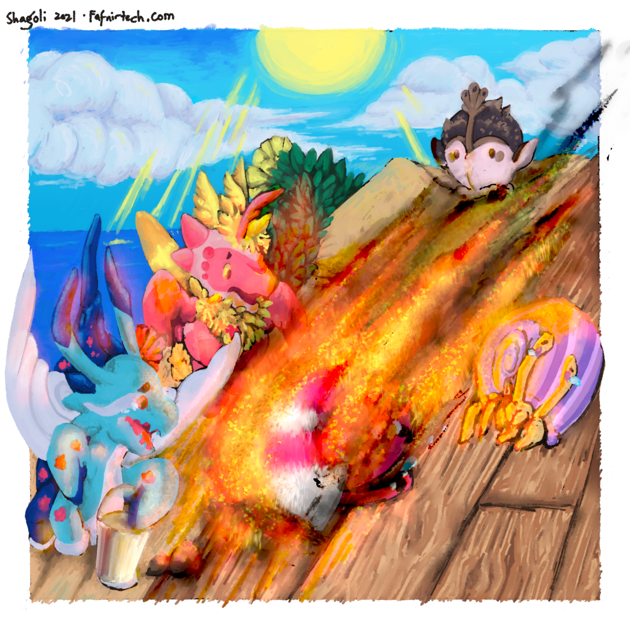 Hermit crab race held by fantasy bug-centaurs, made for the 2021 Ranebopets Sunnyfest event.