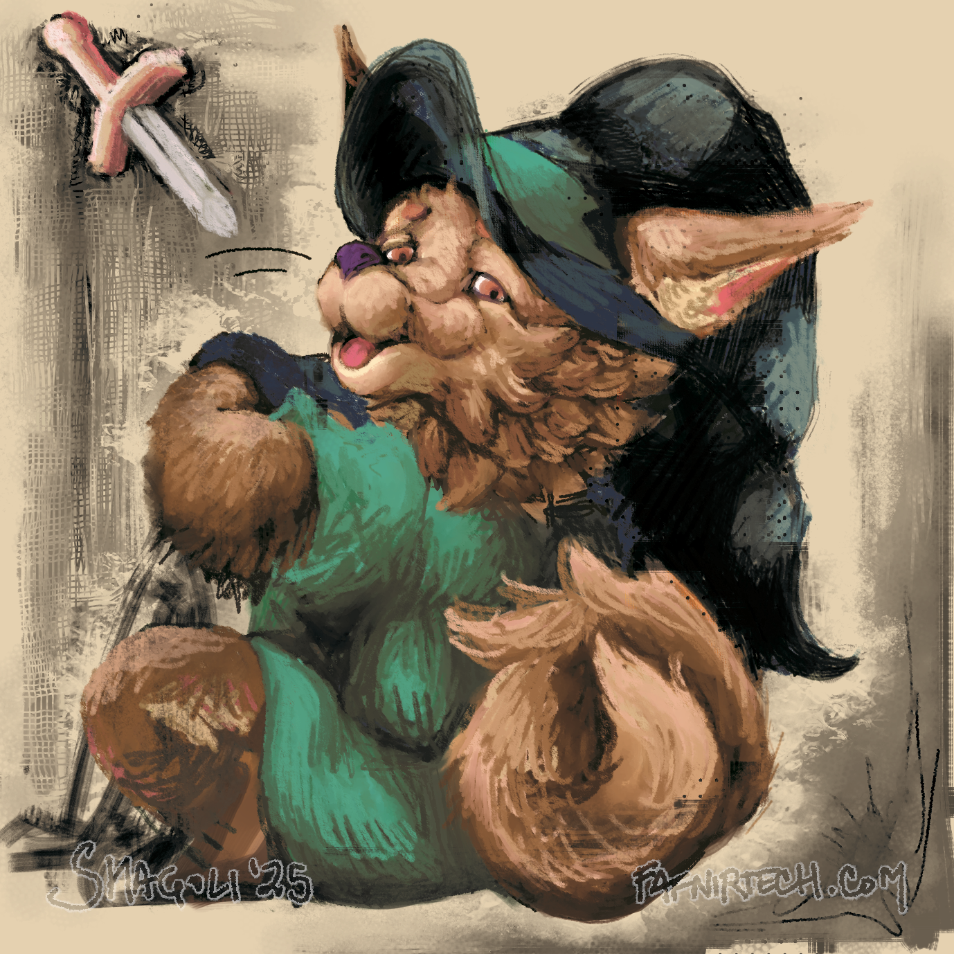 Digital painting of an anthro pomeranian tabletop role-playing game character.